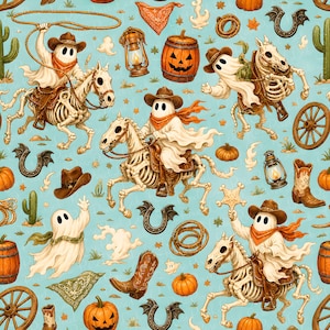 Ghost Cowboy Seamless Pattern, Western Halloween Repeat, Pumpkin Ranch Digital Paper