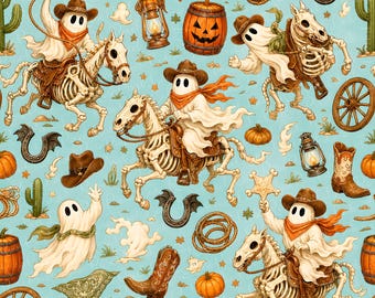Ghost Cowboy Seamless Pattern, Western Halloween Repeat, Pumpkin Ranch Digital Paper