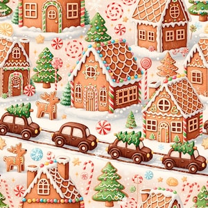 May include: A repeating pattern featuring gingerbread houses with white icing, brown chocolate cars carrying small green Christmas trees, brown gingerbread reindeer, red and white peppermint candies, and green pine trees on a light background.