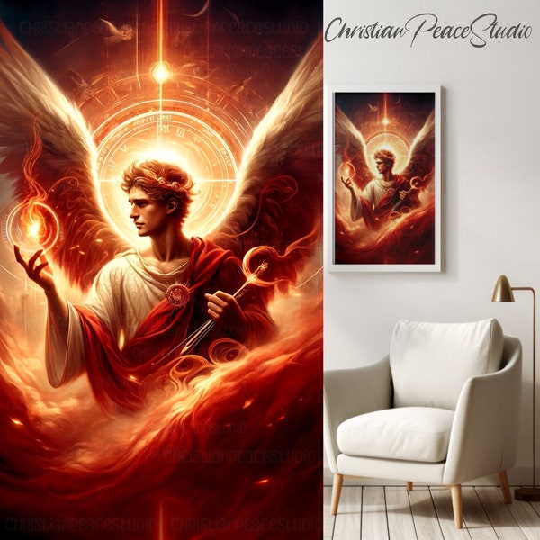 Archangel Uriel, Angelic Canvas Art, Red & Gold, Spiritual Warrior Angel, Art Print for Home Decor, Celestial, Angelic Energy, Divine Flame