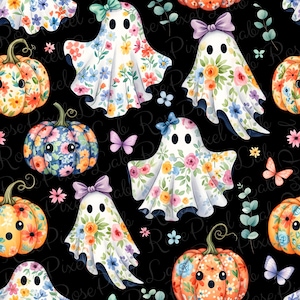 May include: A seamless pattern on a black background featuring white ghosts with floral prints and bows, orange and blue pumpkins with floral patterns, small butterflies, and green eucalyptus leaves. The design repeats these elements throughout.