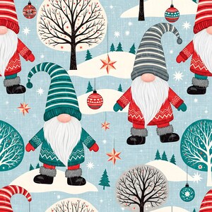 May include: A repeating pattern featuring gnomes with long white beards, wearing red or teal sweaters and striped hats. The background is a light blue winter scene with stylized trees, hanging red and teal ornaments, and orange star decorations.