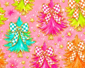Neon Retro Christmas Tree Seamless Pattern | Checkered Bow Preppy Holiday Digital Pape