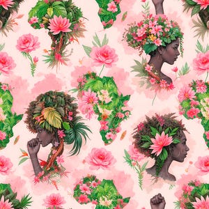 May include: A repeating pattern featuring the continent of Africa formed with green foliage and pink flowers. Silhouettes of women with floral headdresses and pink roses are scattered across a light pink background.