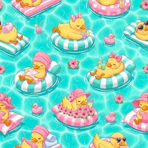 May include: Seamless pattern featuring cartoon ducks relaxing in a pool. The ducks are wearing hats, sunglasses, and bows, and are floating on inflatable rings and pillows. The background is a turquoise water with pink flowers and small rubber duckies.