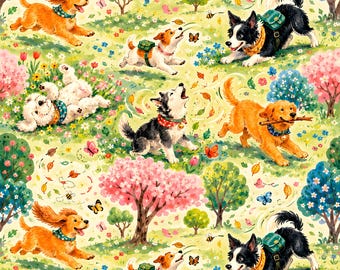 Watercolor Dog Park Seamless Pattern, Spring Puppy Repeat Design for Fabric, Digital Paper, Pet Surface Pattern