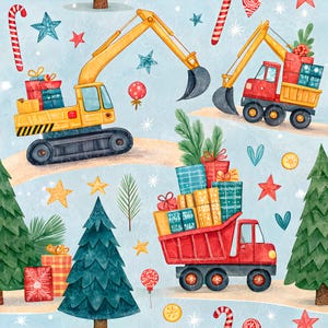 May include: Watercolor illustration of a Christmas-themed pattern. Features yellow and red construction vehicles carrying wrapped gifts. Includes candy canes, stars, Christmas trees, and ornaments on a light blue background.