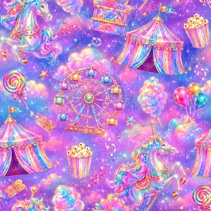 May include: A seamless pattern featuring iridescent unicorns, striped circus tents, a ferris wheel, popcorn buckets, colorful lollipops, and balloons against a vibrant purple and pink starry background with clouds and floating admission tickets.