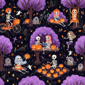 Fall Halloween Autumn Skeletons Repeatable Seamless Pattern October Aesthetic Spooky Season Dancing Reading Trendy Popular Digital Paper
