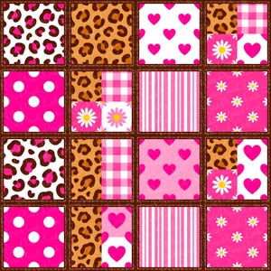 Girly Pink Leopard Valentines Patchwork Seamless Pattern, Preppy Coquette Digital Paper, Cheater Quilt Repeat, Hot Pink Cheetah Daisy Design