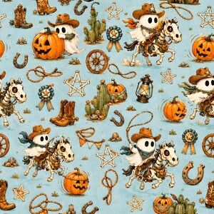 Ghost Rider Seamless Pattern, Howdy Skeleton Horse Western Halloween Repeat Print