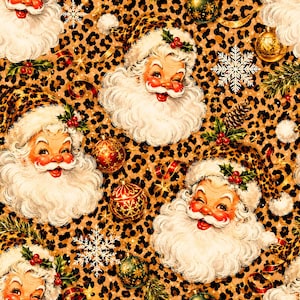 May include: A repeating pattern featuring illustrations of Santa Claus with a white beard and a leopard print hat, interspersed with gold and green Christmas ornaments, white snowflakes, and sprigs of holly on a brown leopard print background.