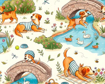 Dog Duck Seamless Pattern, Picnic Puppy Summer Repeat, Pet Fabric Design, Outdoor Puppy Digital Paper
