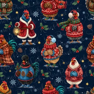 Peut inclure: Motif répété de coqs festifs vêtus d'habits d'hiver. Les coqs portent des pulls, des écharpes et des cache-oreilles, certains tenant des lanternes ou du houx. Le fond est bleu foncé avec des flocons de neige et une écriture.