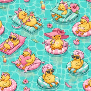 May include: A repeating pattern of cartoon ducks relaxing in a pool. The ducks are yellow with sunglasses, hats, and bows. They are on floats, pillows, and rafts. The pool water is a light blue with a ripple effect. Tropical drinks and flowers are also in the scene.