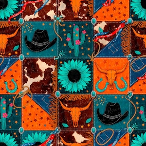 May include: A patchwork design featuring cowboy-themed elements. The pattern includes a black cowboy hat, turquoise sunflowers, cacti with pink flowers, and orange bull skulls. The background is a mix of orange, blue, and brown squares with decorative stitching.