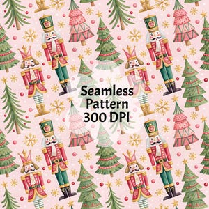 Op de afbeelding: Naadloos patroon met aquarel illustraties van notenkrakers, kerstbomen en sneeuwvlokken op een roze achtergrond. De tekst "Seamless Pattern 300 DPI" is ook inbegrepen. Het ontwerp is feestelijk en geschikt voor producten met een vakantiethema.