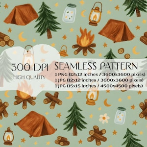 May include: A seamless pattern featuring a camping theme with illustrations of tents, campfires, lanterns, trees, stars, and moons. The background is a light green color.