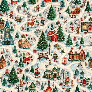 May include: A festive winter scene pattern featuring snow-covered paths, decorated Christmas trees, small houses, and figures of Santa Claus, children skiing, a snowman, and woodland animals like a deer and fox, all set in a snowy landscape.