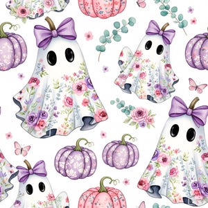 Peut inclure: Motif répété avec des illustrations à l'aquarelle de fantômes, de citrouilles, de papillons et d'éléments floraux. Les fantômes sont drapés de draps blancs ornés de fleurs roses et violettes et surmontés de nœuds violets. Citrouilles roses et violettes.