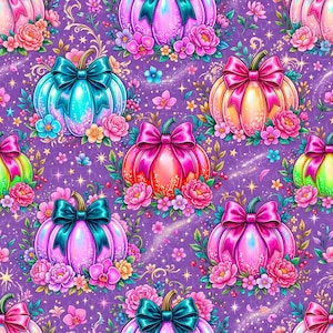 May include: A seamless pattern featuring colorful pumpkins in shades of blue, pink, and orange, each adorned with a large satin bow and surrounded by vibrant floral arrangements of roses and orchids on a purple background with sparkling stars.