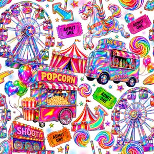May include: A vibrant, repeating pattern featuring a carnival theme. The design includes a Ferris wheel, popcorn stand, carousel horse, food truck, and colorful lollipops. The words "POPCORN" and "SHOOT!" are visible. The color palette is bright and includes pink, blue, and yellow.