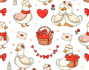 May include: A seamless pattern featuring white ducks wearing berets and red scarves, interspersed with wicker baskets filled with red hearts and gifts, red bows, white envelopes with heart seals, lit candles, red roses, and small floating hearts.