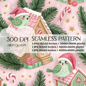 Op de afbeelding: Een naadloos patroon met lichtgroene vogels in rode kerstmutsen op peperkoekhuisjes met roze daken. Het ontwerp bevat groene dennentakken, rood-witte zuurstokken en gouden sterren op een zachtroze achtergrond.