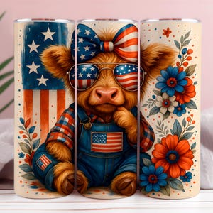4th Of July Highland Cow Coquette Western Cowboy Seamless 20 oz Skinny Tumbler Design Highland Cow Tumbler Wrap 4th Of July Tumbler Wrap