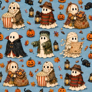 May include: A seamless pattern on a blue background featuring cartoon ghosts dressed as horror characters including a hockey mask, a striped sweater with a hat, a mummy, a vampire, and a stitched doll, alongside pumpkins, lanterns, and candy.