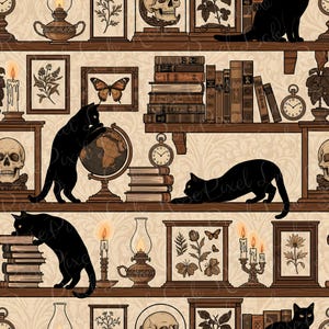 Svart Halloween-katt i biblioteket sömlös mönsterfil för kommersiellt bruk gotisk mörk acadamia viktoriansk tygdesign upprepa mönster