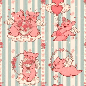 May include: A repeating pattern featuring pink winged pigs on a light blue and white striped background. The design includes pigs holding rose bouquets, flying with heart-shaped balloons, and wearing floral crowns, accented by small bows and stars.