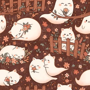 Puede incluir: Un patrón repetitivo con gatos y fantasmas blancos de dibujos animados con caras sonrientes, rodeados de flores y pequeñas vallas de madera. El fondo es de color marrón oscuro con detalles florales, creando un diseño caprichoso y lindo.