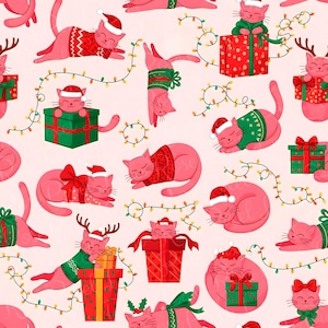 May include: A repeating pattern of pink cats wearing Santa hats and Christmas sweaters, with gift boxes and string lights. The cats are in various poses, some curled up, others playing with the lights, creating a festive holiday design.
