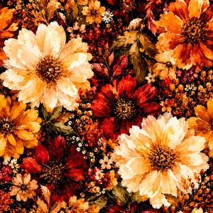 May include: A seamless pattern featuring a dense arrangement of autumn-colored flowers including large cream, golden yellow, and deep red blossoms. The design is accented with small berries, delicate foliage, and tiny buds on a dark background.