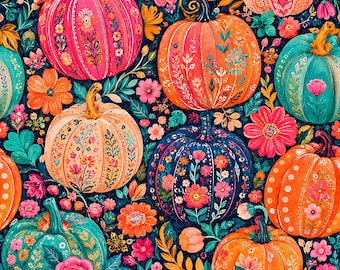 May include: A seamless pattern featuring various pumpkins in shades of pink, orange, and teal, each decorated with intricate floral and botanical illustrations. The background is a dark navy blue filled with colorful flowers and leaves.