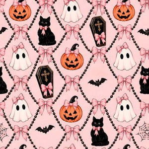Rosa Kokette Halloween-Gitter-nahtloses Muster, gotisches Band-Gitter-Geist-Kürbis-schwarze Katze-Stoff-Digital-Papier