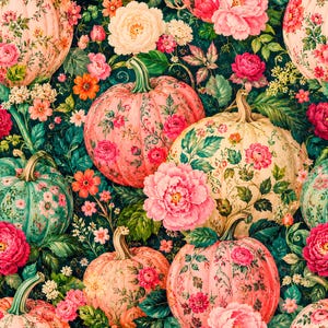 May include: A seamless pattern featuring pumpkins in shades of pink, cream, and teal, each decorated with intricate floral motifs. The design includes vibrant pink, red, and white peonies and small blossoms set against a dark green foliage background.