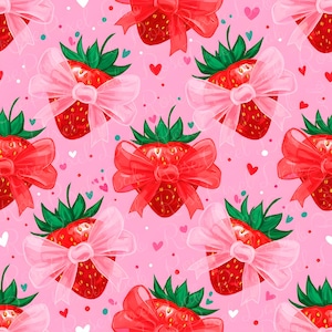 May include: A repeating pattern of strawberries with green leaves and red bows on a pink background. The strawberries are decorated with pink bows. Small hearts in red, white, and teal are scattered across the background.
