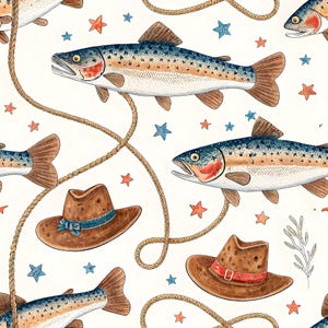 May include: A repeating pattern featuring illustrations of trout, cowboy hats, rope, and stars in shades of brown, blue, orange, and white. The fish have red and blue accents. The cowboy hats have blue and red bands. The rope is a light brown color.