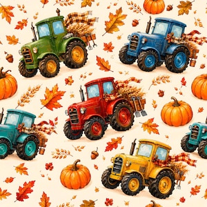May include: A repeating pattern featuring colorful tractors in green, blue, red, teal, and yellow, each adorned with a scarf and carrying a harvest. Pumpkins, acorns, and autumn leaves are scattered across the cream-colored background.