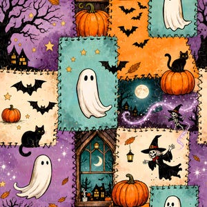 Pode incluir: Um padrão de tecido estilo patchwork com motivos de Halloween, incluindo abóboras laranja, fantasmas brancos, gatos pretos, morcegos e esqueletos com chapéus de bruxa em quadrados roxos, laranja e azul-turquesa com bordas costuradas.