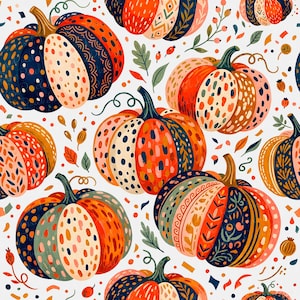 May include: A repeating pattern of pumpkins on a white background. Each pumpkin features segments with varied designs including polka dots, stripes, floral motifs, and solid colors in shades of orange, navy blue, cream, and muted green.