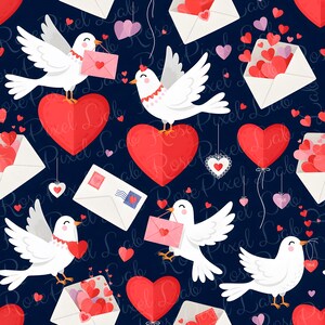 Könnte beinhalten: Ein nahtloses Muster mit weißen Tauben, rosa Umschlägen und roten Herzen auf dunkelblauem Hintergrund. Das Design umfasst offene Umschläge mit Herzen und hängende Herzornamente, ideal für den Valentinstag.