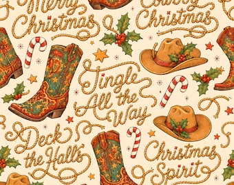 Western Christmas Phrases Seamless Pattern | Cowboy Boots Holiday Digital Paper Rodeo Christmas Pattern