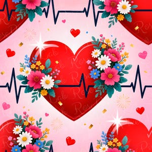 May include: A repeating pattern on a light pink background featuring large red hearts adorned with clusters of pink, white, yellow, and blue flowers. Dark blue EKG heart rate lines, small red hearts, and white starburst accents are interspersed.