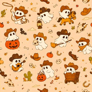 May include: A seamless pattern featuring white ghosts wearing brown cowboy hats on a light orange background. The ghosts are depicted performing various activities including riding a horse, playing a guitar, holding a lantern, and carrying a pumpkin bucket.