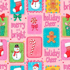 May include: A festive repeating pattern featuring Christmas-themed illustrations on a pink backdrop. The design includes snowmen, gingerbread men, candy canes, stockings, bows, and gifts. The words "merry and bright" and "holiday cheer" are also present.