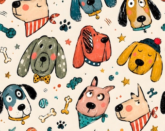 Doodle Dog Seamless Pattern, Cartoon Puppy Face Repeat for Fabric and Digital Paper