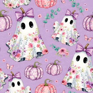 Trendy Lavender Preppy Seamless Halloween Pattern Floral Ghost Spooky Autumn Pumpkin Background Repeat Fabric Kid Bow Baby Nursery Coquette